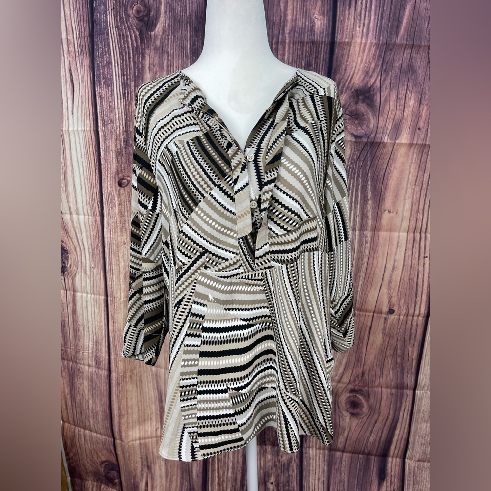 Dana Bachman multi brown black white 3/4 sleeve blouse women’s size M